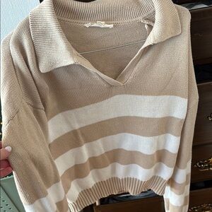 Cream and Tan V-Neck Sweater with Relaxed Fit